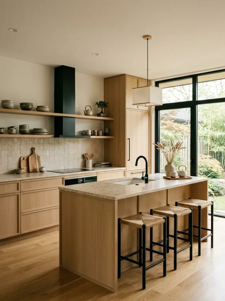 Japandi interior design kitchen with natural wood textures and minimalist décor