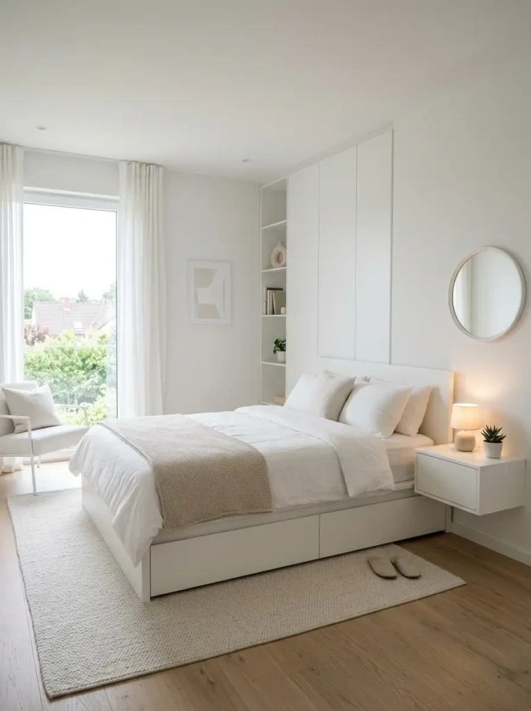 Clean white bedroom with hidden storage and clutter-free decor