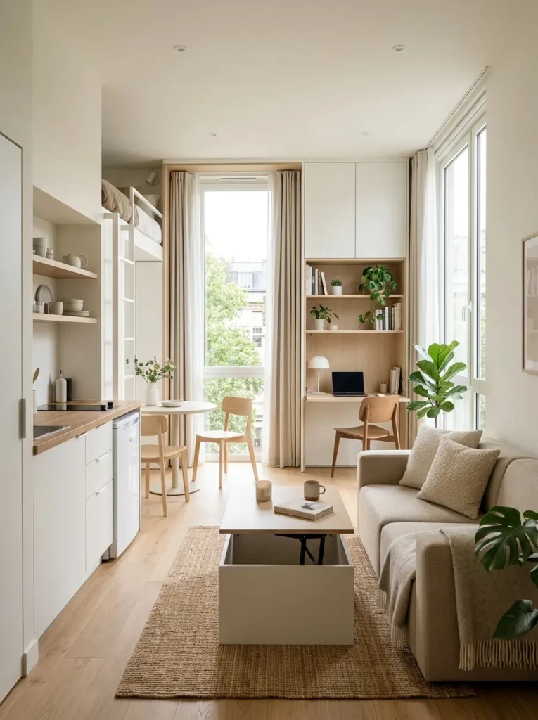Small minimalist apartment with multifunctional furniture and bright open layout