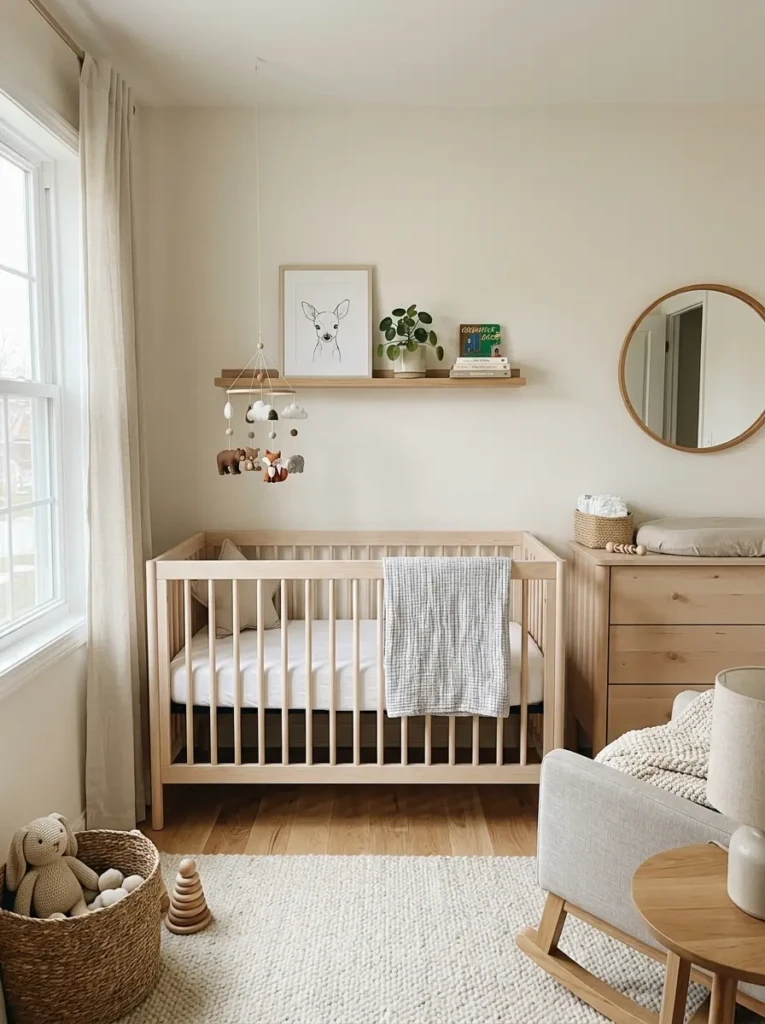 Minimalist nursery with neutral colors, simple crib, and clean modern layout