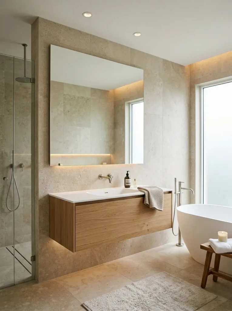 Minimalist bathroom with floating vanity, stone tiles, and spa-inspired decor