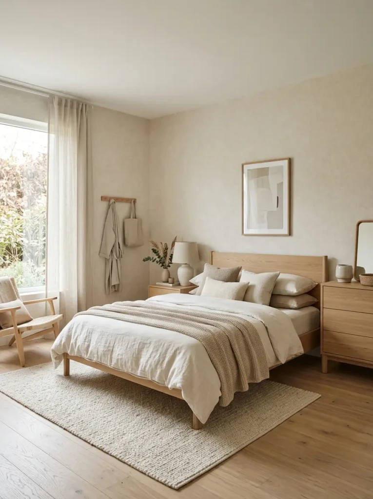 Minimalist bedroom with neutral wallpaper, Scandinavian furniture, and calming interior design