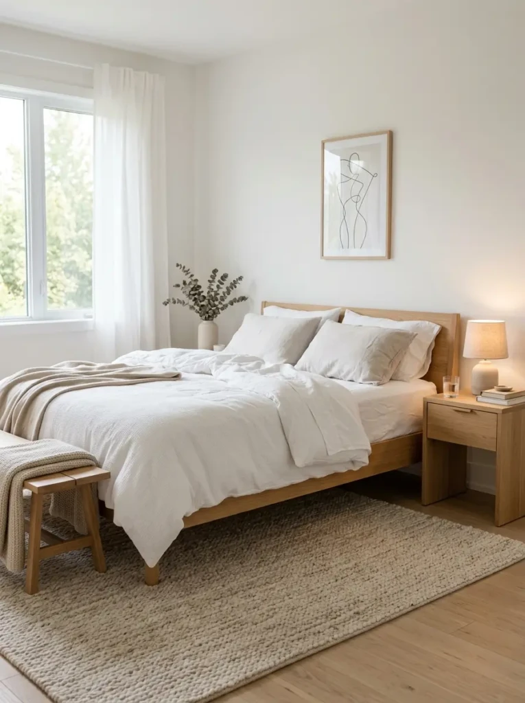 Minimalist bedroom with white bedding, natural textures, and simple furniture