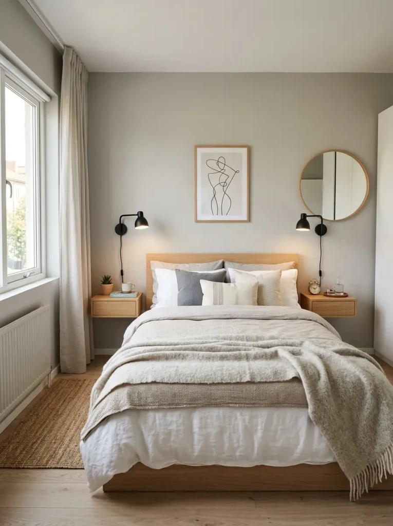 Minimalist bedroom with floating IKEA nightstands and wall-mounted lighting for a spacious look.