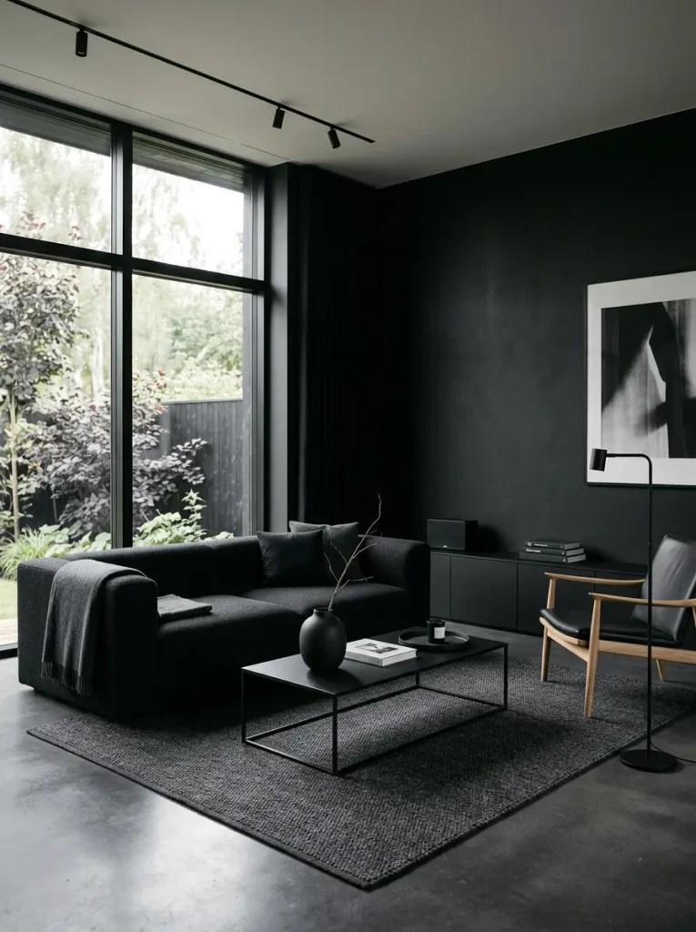 Elegant black living room decorated with gold and brass metallic accents and luxury lighting.