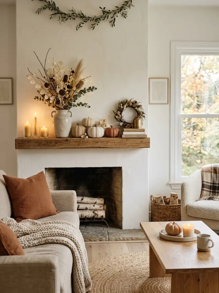 Neutral minimalist seasonal decor with pumpkins, candles, and soft autumn styling