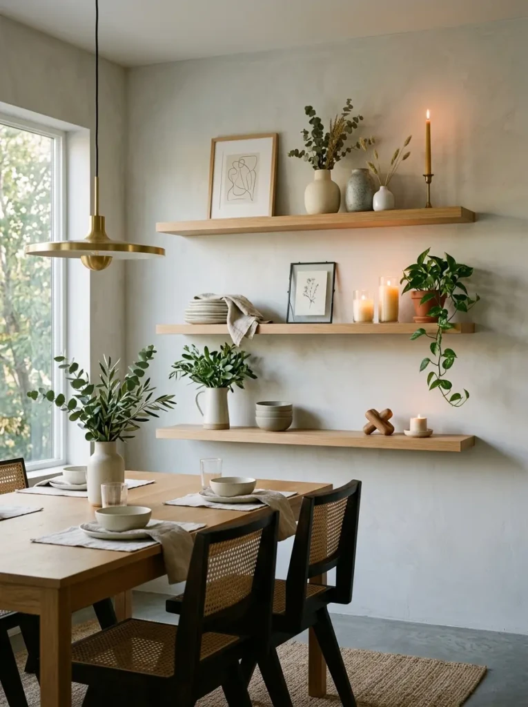 Clean and uncluttered dining room floating shelves styled with candles, vases, and artwork