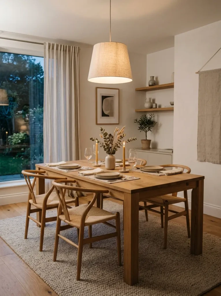 Elegant minimalist dining space with wooden table and soft pendant lighting