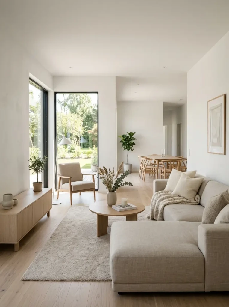 Bright minimalist home interior with neutral decor, clean furniture, and natural sunlight