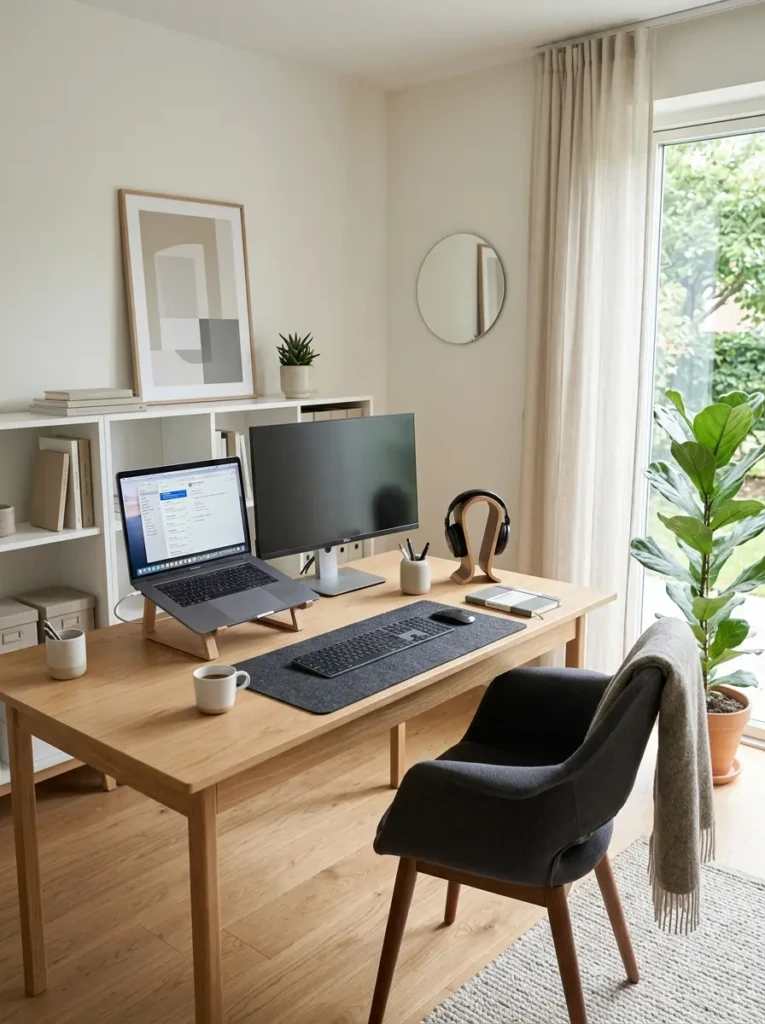 Clean minimalist home office with organized desk and calming neutral workspace