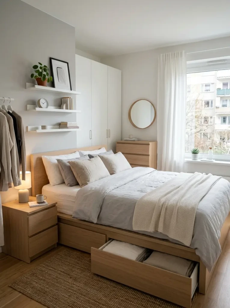 Clean and organized IKEA bedroom with multifunctional furniture and minimalist Scandinavian design.
