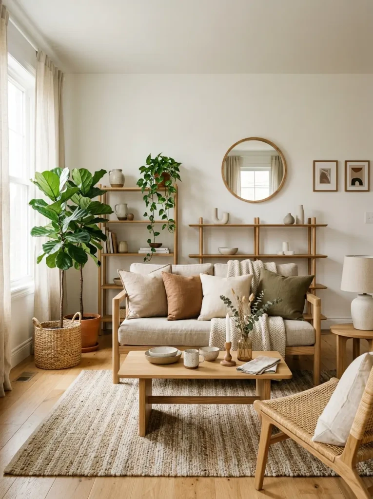 Minimalist interior with wood furniture, woven textures, ceramics, and indoor plants