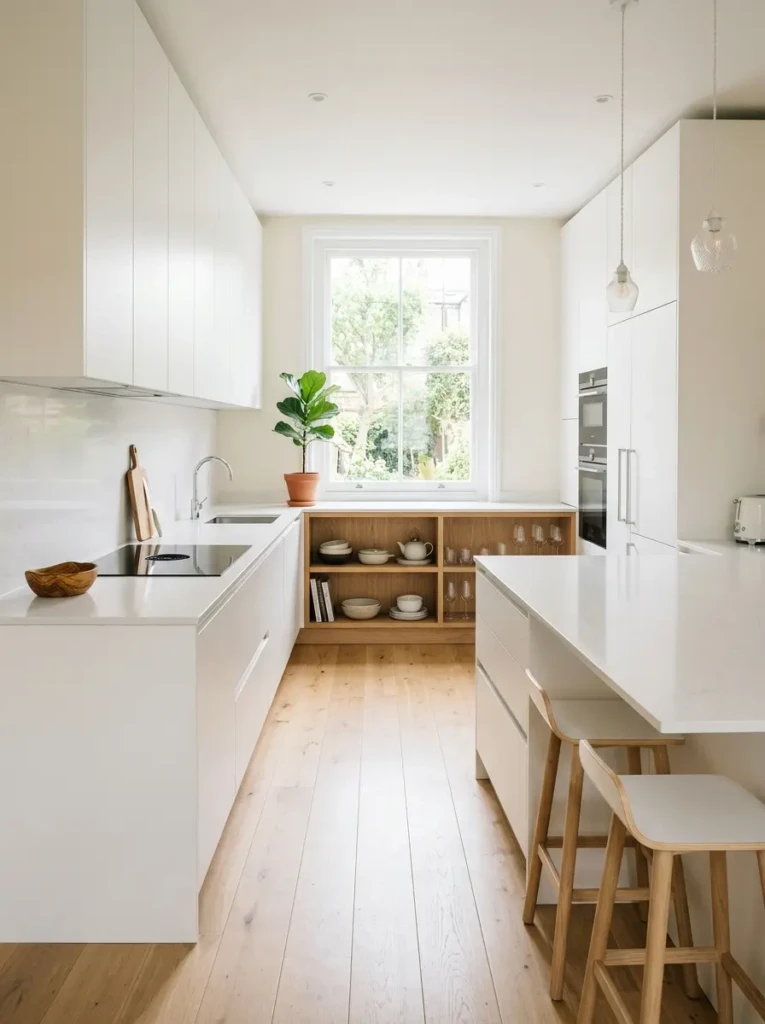 Sleek minimalist kitchen with white cabinets and organized countertops