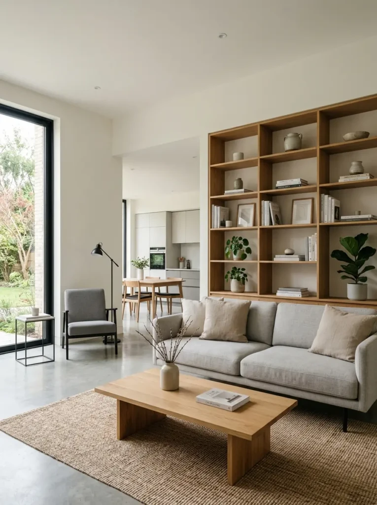 Modern minimalist living room with functional furniture and uncluttered open space