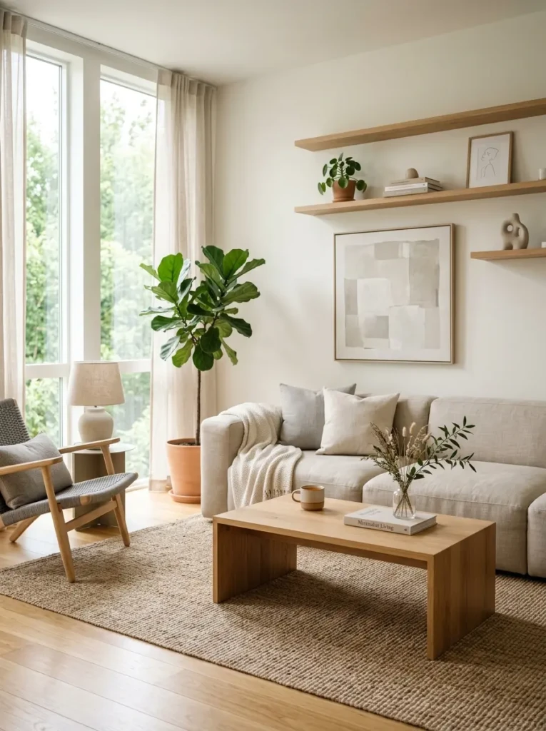 Cozy minimalist living room with neutral sofa, wooden table, and soft lighting