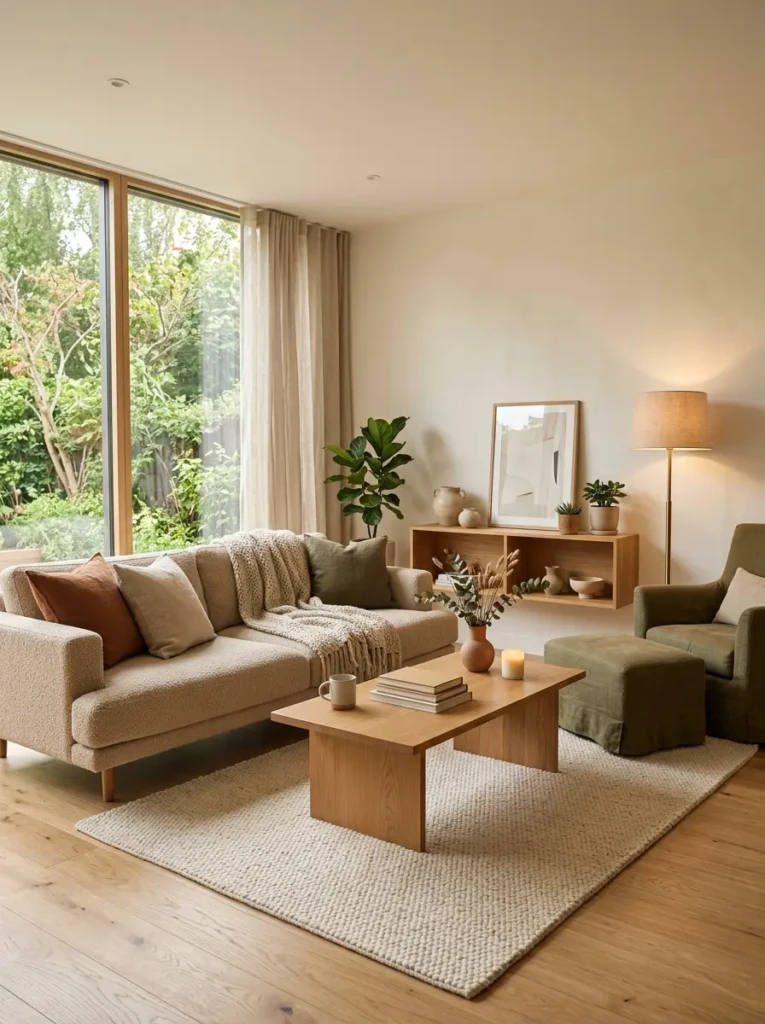 Warm minimalist living room with cozy textures and balanced modern decor