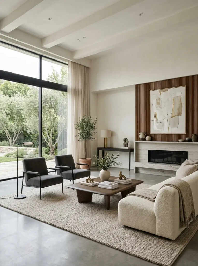 Minimalist luxury living room with clean lines, neutral colors, and glamorous elegant decor