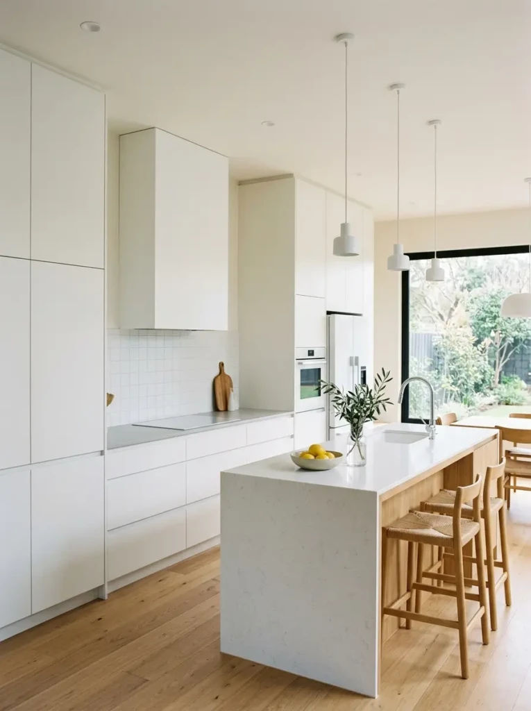Sleek minimalist kitchen with integrated white range hood and clean modern lines