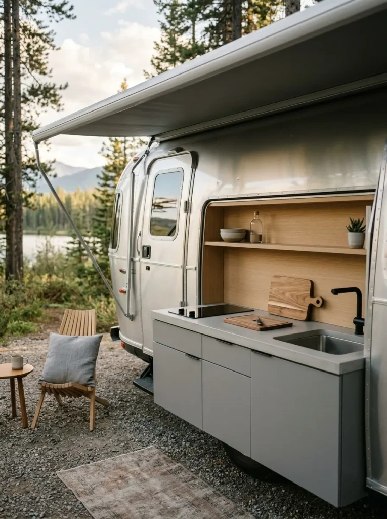 Minimalist RV outdoor kitchen design with clean counters and sleek modern camping style