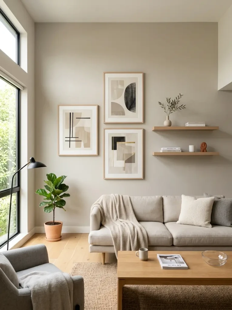 Minimalist wall decor featuring abstract art and floating shelves in neutral tones