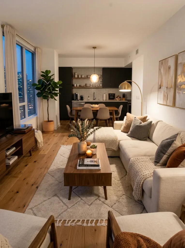 Modern Airbnb interior design with cozy furniture, warm lighting, and elegant vacation rental décor