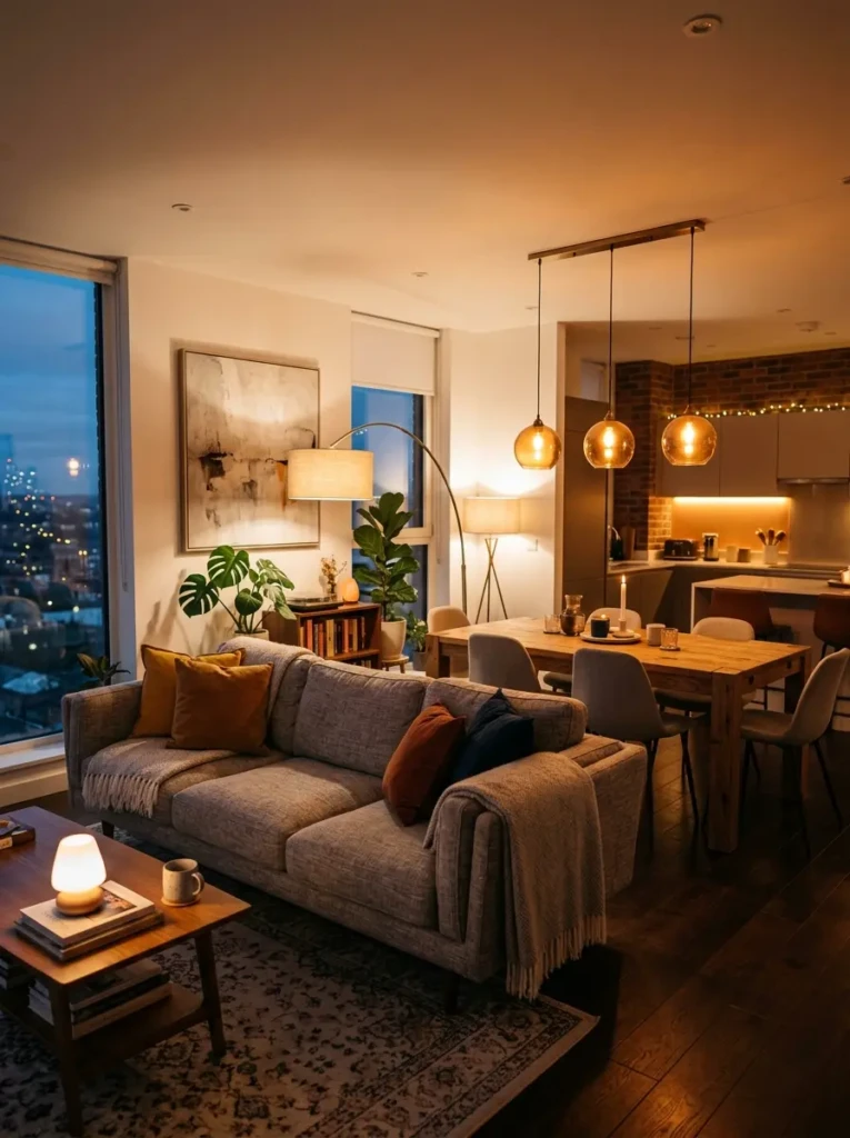 Airbnb living space with layered lighting and cozy evening ambiance