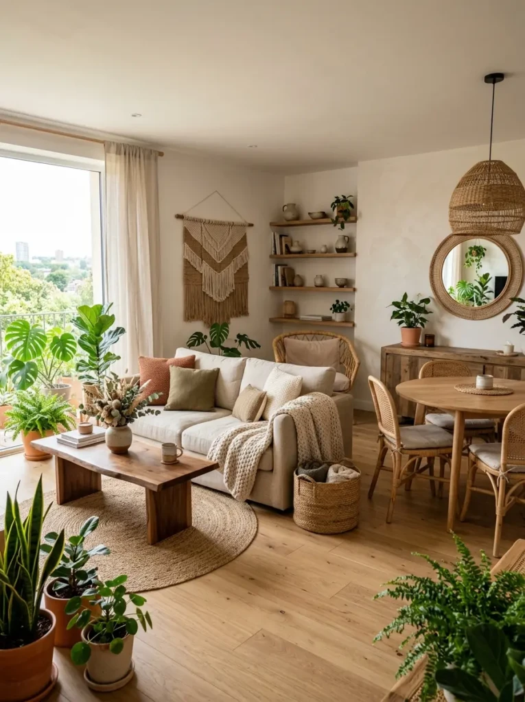Airbnb interior featuring indoor plants, wooden textures, and earthy décor
