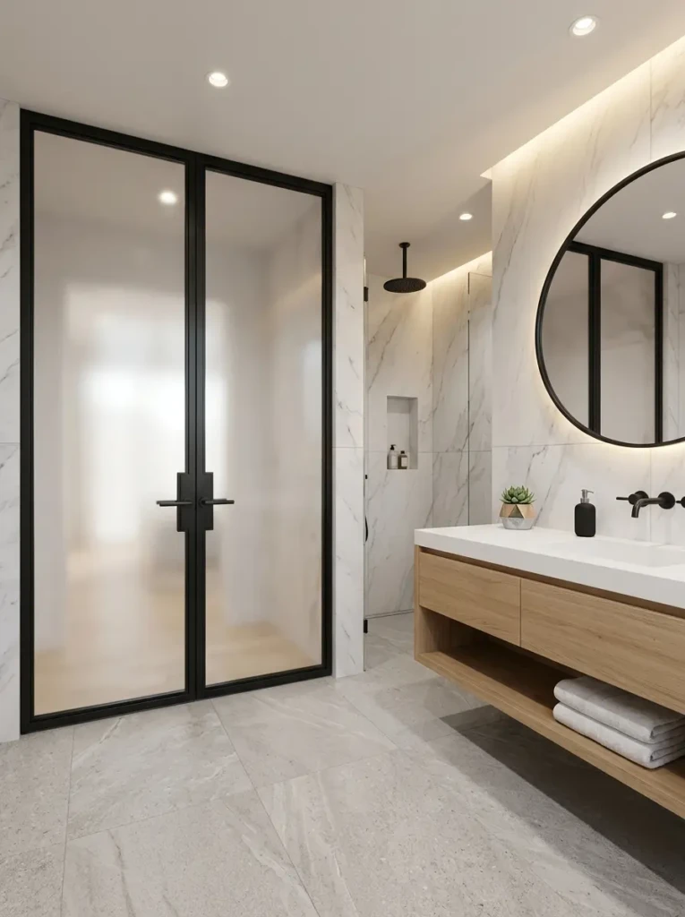 Contemporary bathroom double doors with frosted glass panels
