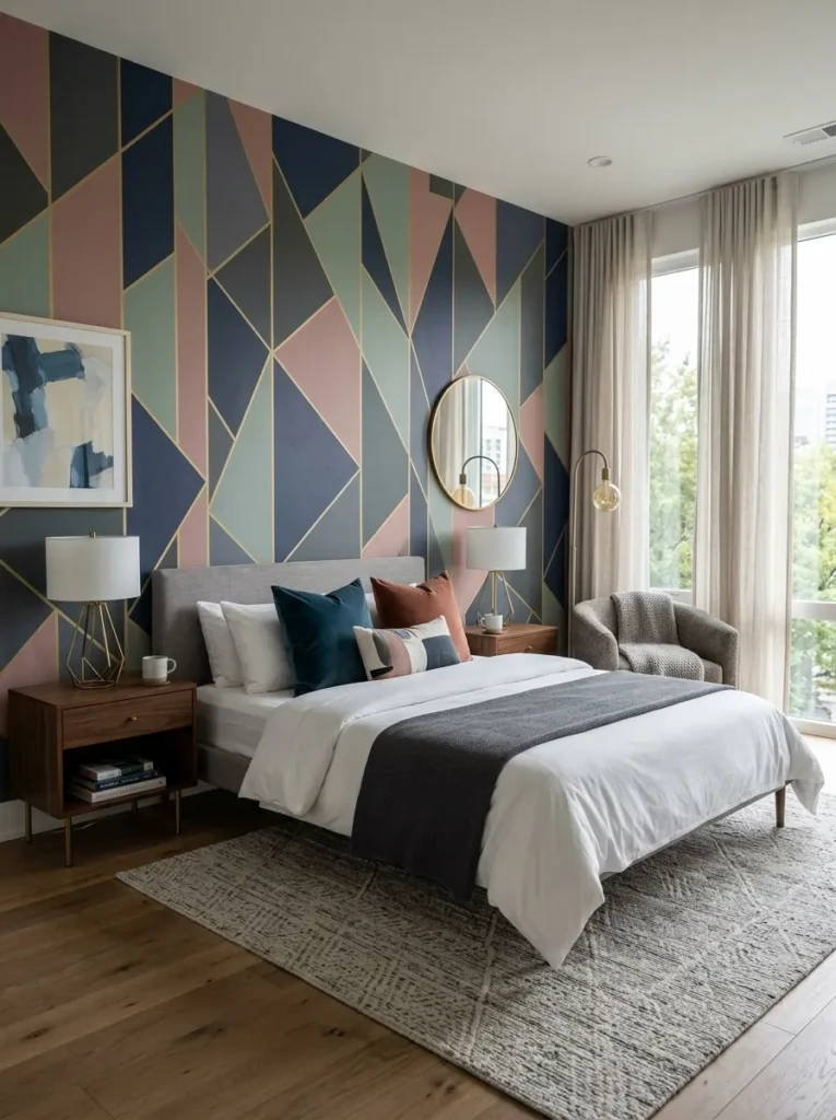 Contemporary geometric wallpaper bedroom with sleek furniture and stylish decor