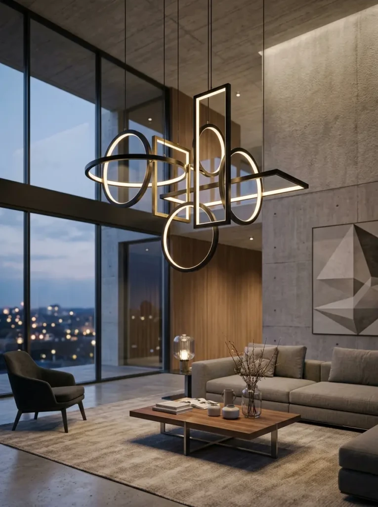 Modern chandelier with geometric shapes like circles and rectangles adding structure to interior space
