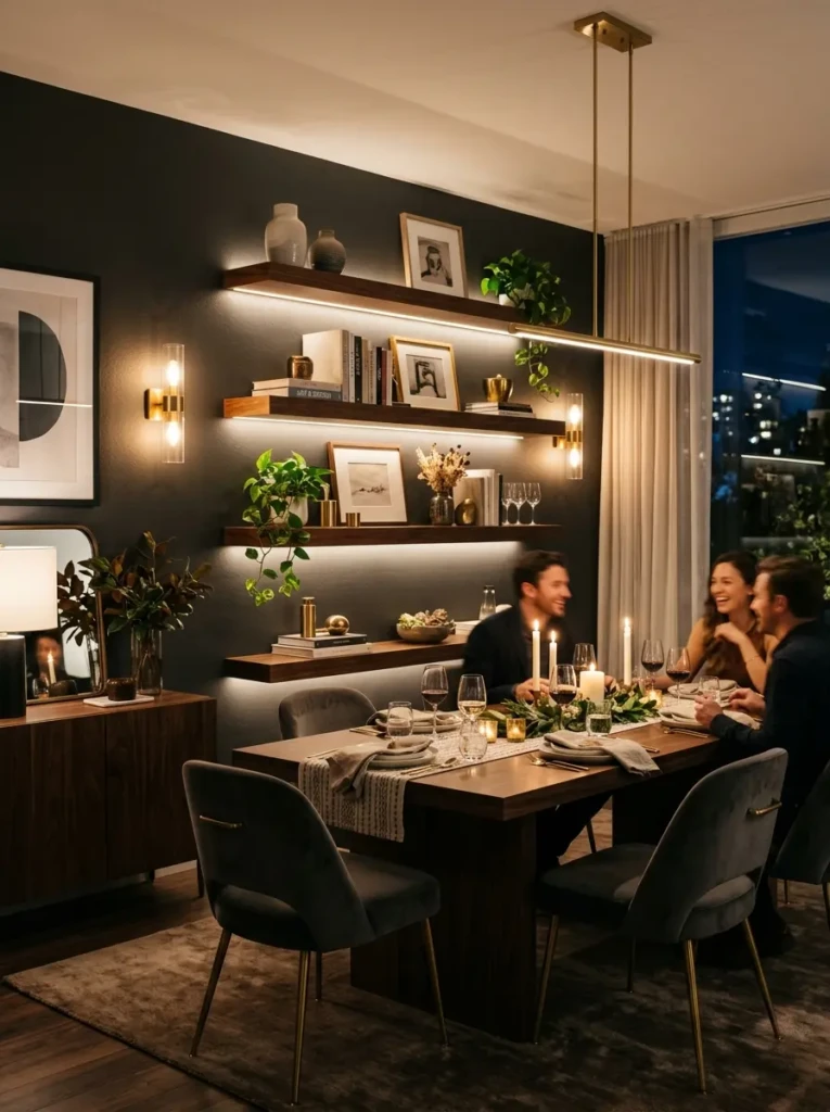 Dining room floating shelves enhanced with warm LED lighting and wall sconces