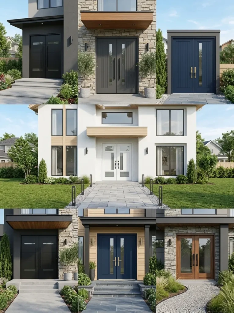 Stylish modern double doors in black, white, gray, and wood tones