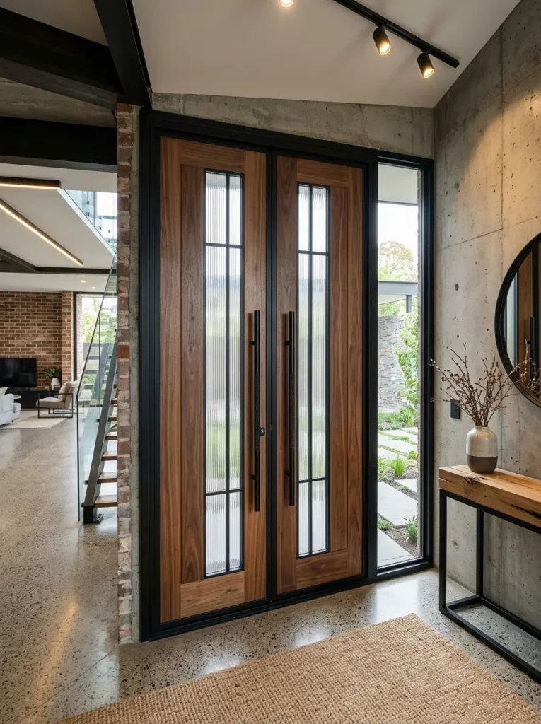 Modern double doors combining wood, glass, and metal materials