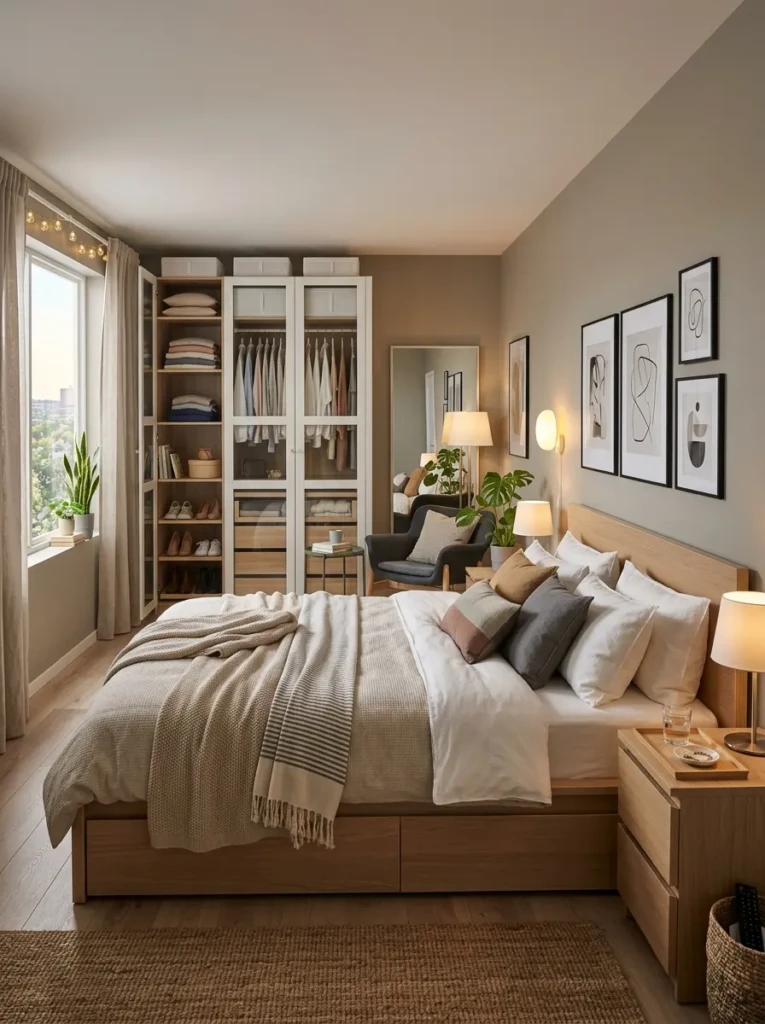 Stylish IKEA bedroom featuring smart storage hacks, cozy decor, and modern Scandinavian interior design.