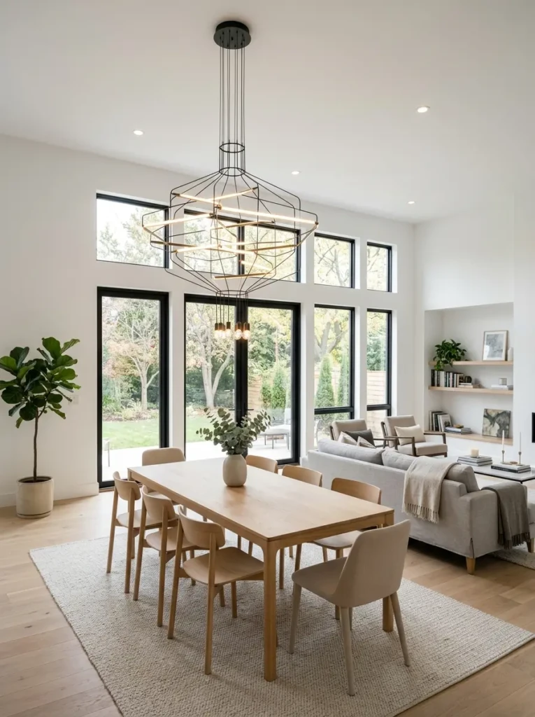 Bright modern interior with sleek chandelier highlighting clean lines and energy-efficient lighting