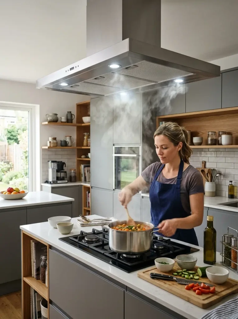 Powerful kitchen range hood removing steam and smoke during cooking