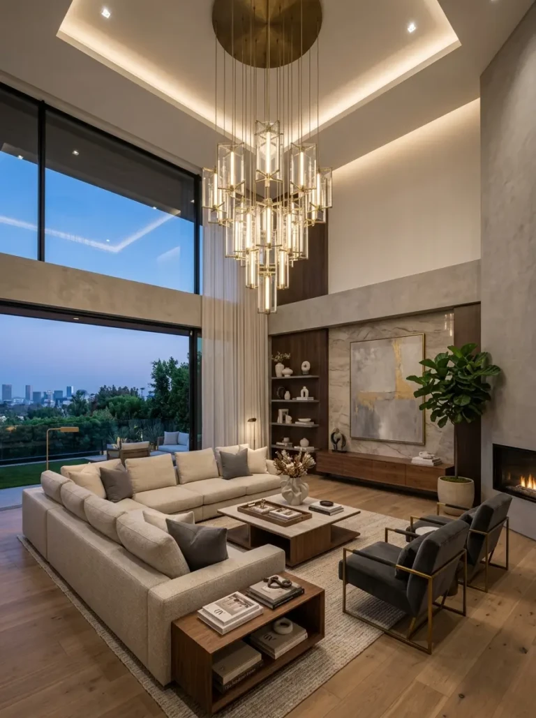 A modern living room featuring a large contemporary chandelier that enhances the elegance and lighting of the space
