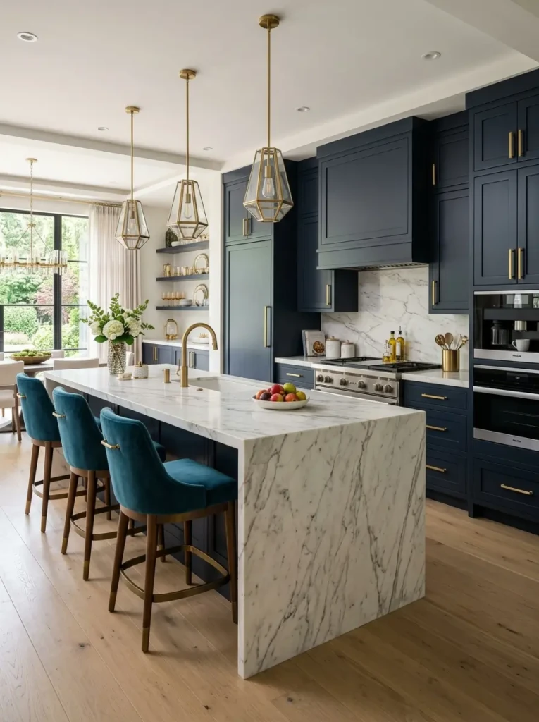 Luxury kitchen with marble countertops, gold hardware, pendant lighting, and elegant decor