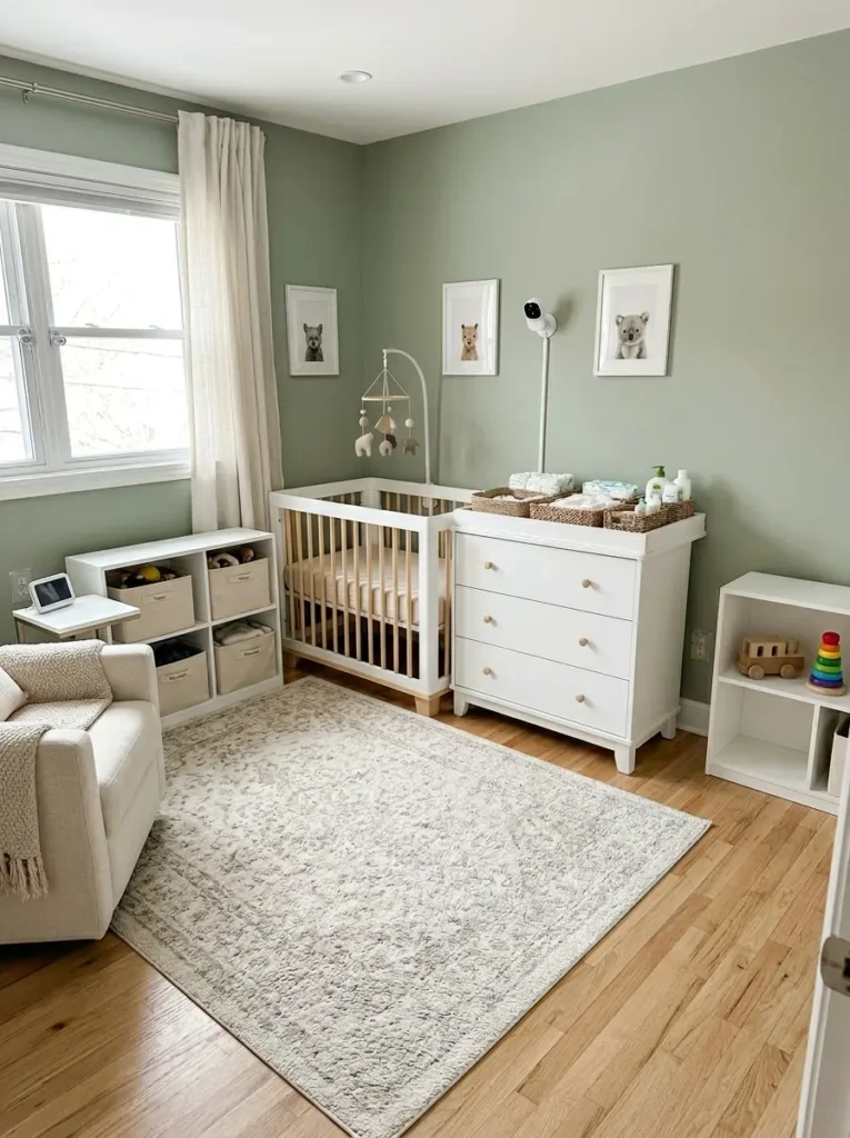 Safe baby nursery setup with secured furniture and baby-friendly interior design
