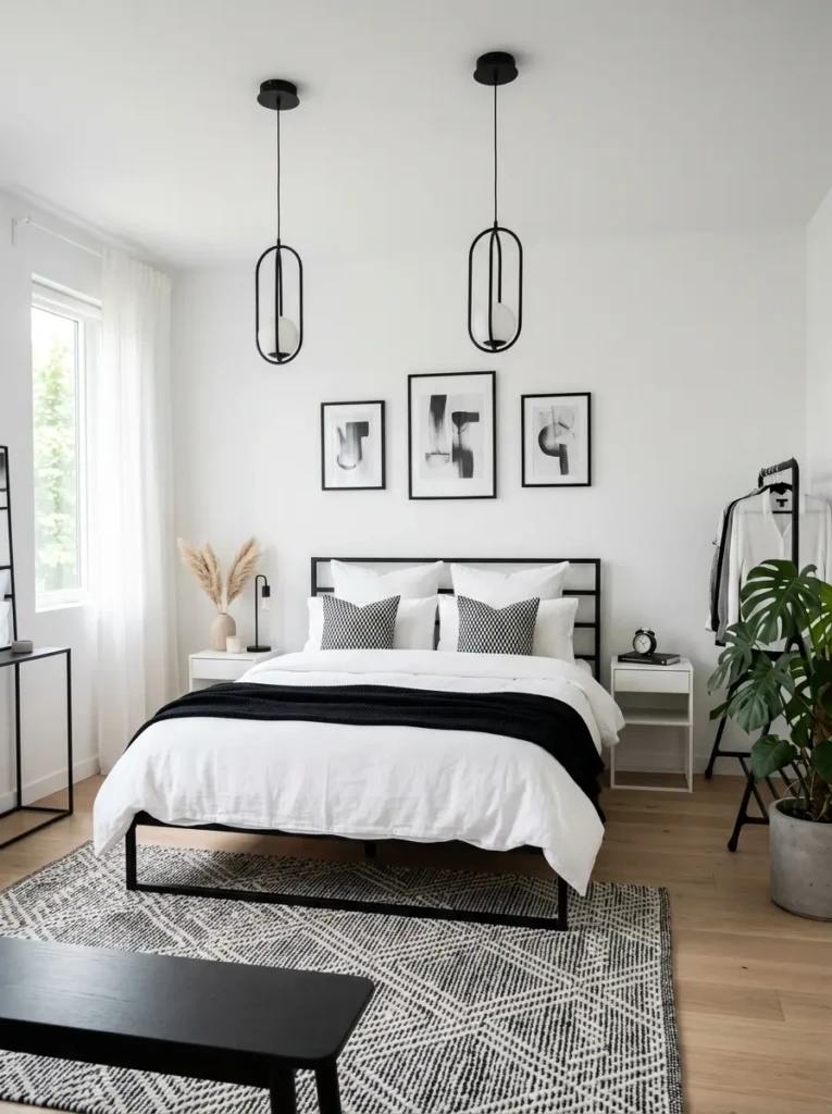 Stylish white bedroom with black metal accents and contemporary design