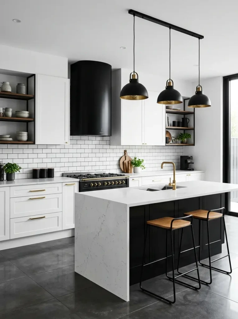 Modern monochrome kitchen featuring matte black range hood and brass accents