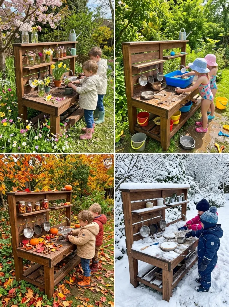 Mud kitchen used with flowers, leaves, water, and snow across different seasons