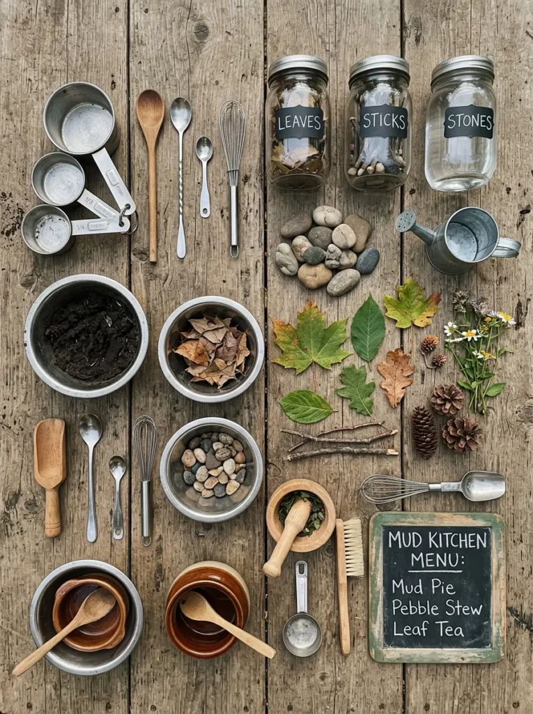 Flat lay of spoons, bowls, measuring cups, and natural materials for a mud kitchen setup