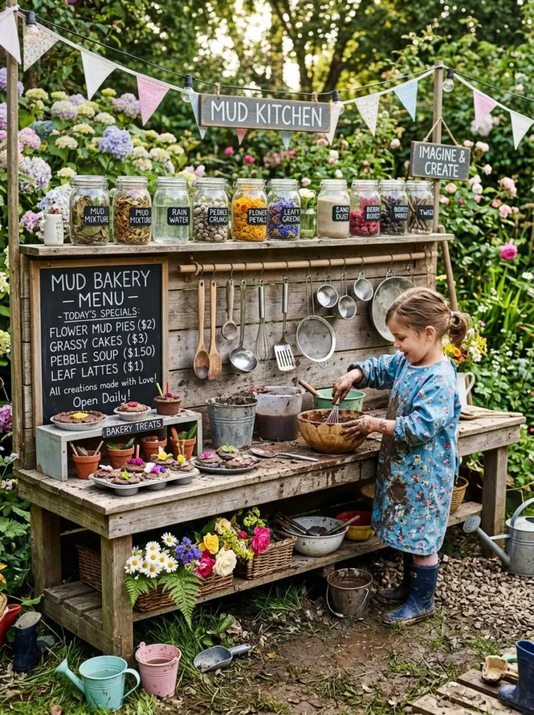 Alt Text: Mud kitchen with chalkboard menu, jars, and natural materials for imaginative play