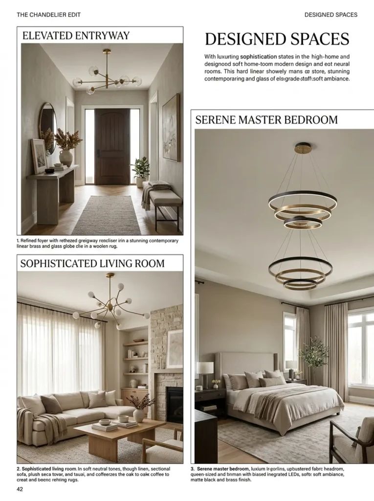 Different rooms showcasing modern chandeliers used as statement lighting in entryway, bedroom, and living room
