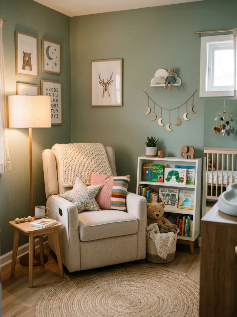 Comfortable reading nook in baby nursery with bookshelf and soft chair