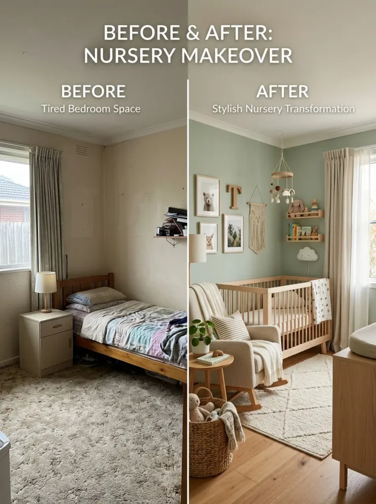 Nursery room makeover with modern crib, fresh paint, and stylish décor