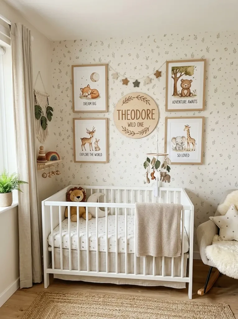 Stylish nursery wall décor with framed art and personalized baby room accents