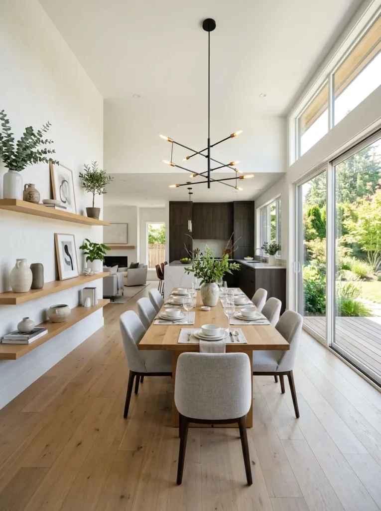Open-concept dining room with sleek floating shelves creating spacious visual flow