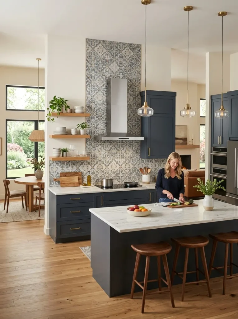 Spacious kitchen island with suspended range hood and pendant lighting
